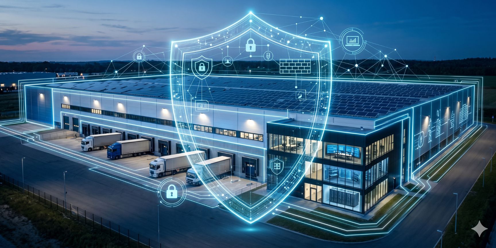 Exterior view of a modern logistics hall at dusk, surrounded by a large, glowing digital shield for smart building and network security.